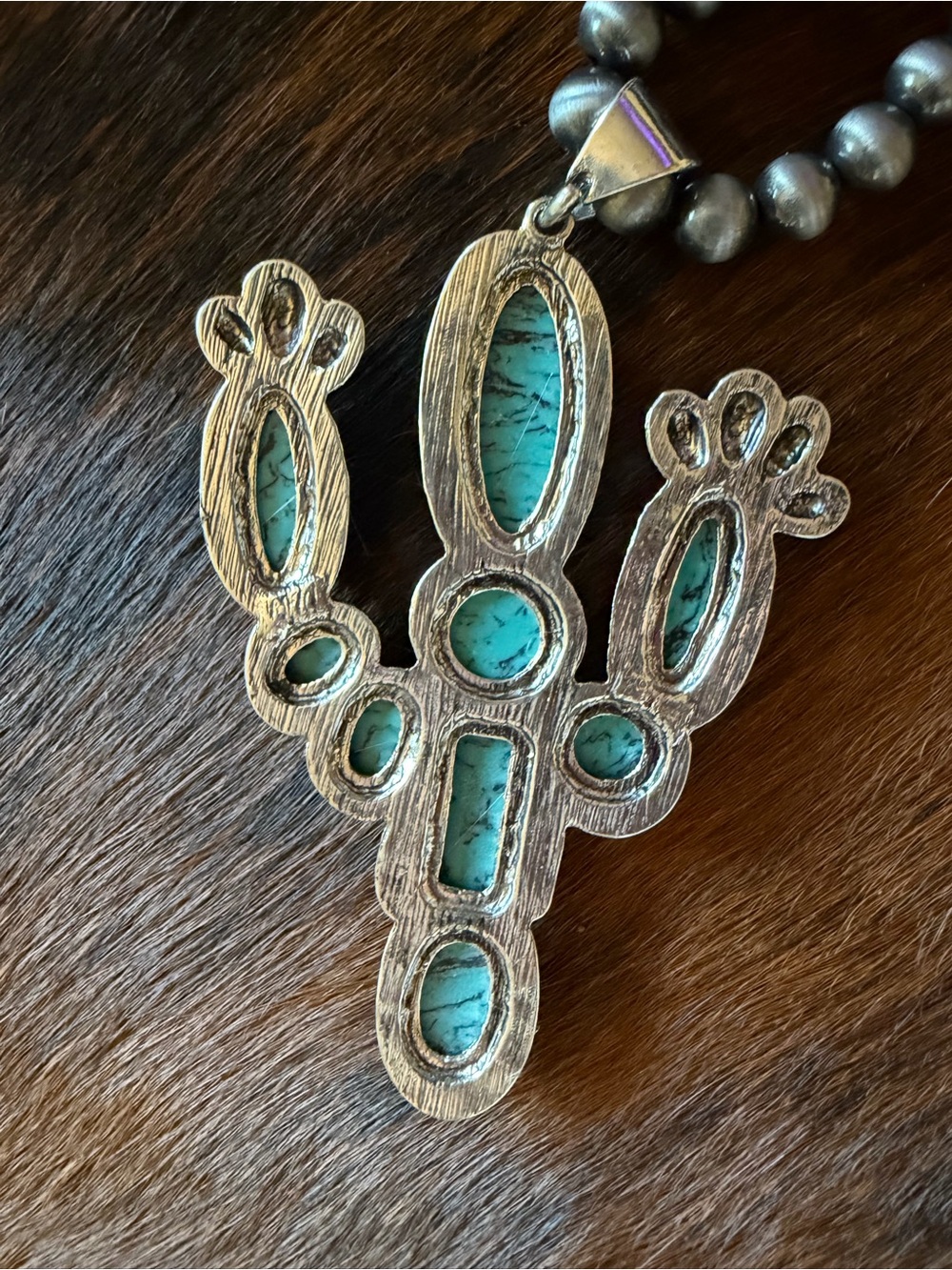 Western Boutique Silver Turquoise Red Large Cactus Pendant Necklace Navajo NEW - Picture 7 of 8